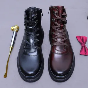 Herren Martin Stiefel Echtleder Mittelhoher Schaft Britischer Stil Motorradstiefel Dicke Sohle Größenzunahme Arbeitsschuhe Seitenreißverschluss Winter