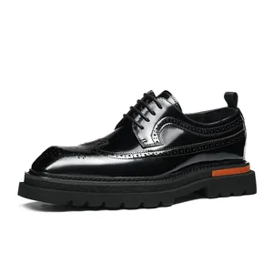 Men's black patent leather Brogue shoes with thick soles and orange side stripe accents