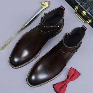 Stivaletti Chelsea da Uomo in Pelle di Vacchetta Pieno Fiore Business Formale Cerniera Laterale Cinturino con Fibbia Jodhpur