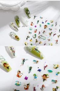 Pegatinas 5D detalladas para uñas con hadas de flores y manicura verde a juego