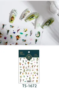 Pegatina detallada de uñas 5D TS-1672 con diseños de hadas verdes y flores