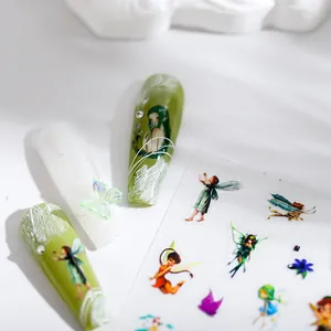 Pegatinas 5D para uñas jardín de hadas con diseños de elfos en uñas postizas verdes