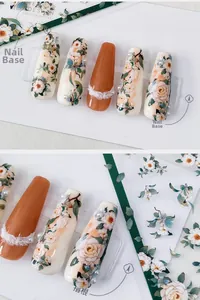 Macro view of 5D floral nail art stickers with vintage roses, lace, and pearls