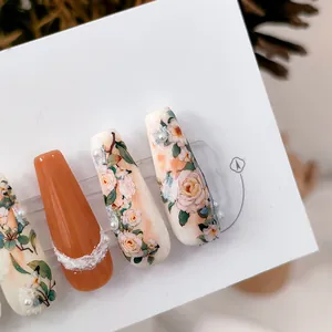 Japanese 5D butterfly floral long coffin press-on nails with pearls and matte finish