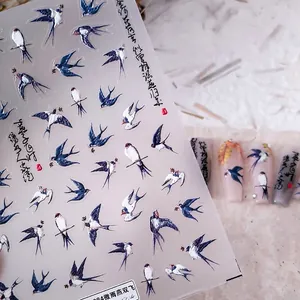 5D Japanese style nail art stickers with classic swallow and calligraphy pattern