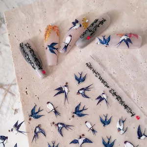 Chinese style 5D nail art stickers with swallows and autumn maple leaf designs