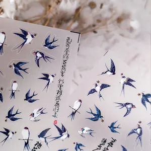 5D swallow nail art stickers with traditional Chinese ink style and floral background