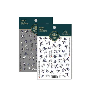 5D Japanese ink swallow nail stickers with embossed swallow bird patterns and calligraphy