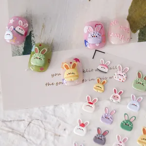 Kawaii 3D rabbit nail art stickers with matte finish in pastel colors for DIY manicure