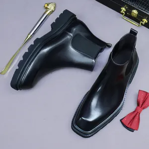 Men Genuine Cowhide Leather Chelsea Boots British Vintage Square Toe Thick Sole Slip-On Ankle Boots Business Casual Shoes