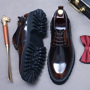 Men's First Layer Cowhide Derby Shoes Polished Platform Rivet British Business Vintage Lace Up Low Top Formal Dress Shoes