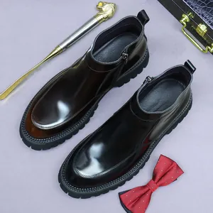Men Genuine Leather Chelsea Boots Cowhide Glossy Finish Thick Lug Sole Side Zipper British Style Business Casual Shoes