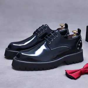 Polished black leather Derby shoes for men featuring studded heels and chunky platform soles