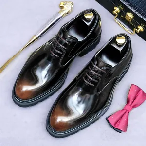 Chaussures Derby pour Hommes en Cuir de Vachette Véritable Augmentation de Taille Finition Miroir Chaussures de Ville Noir Brun