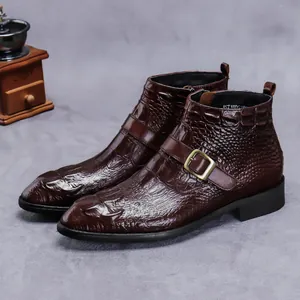 Boots Martin Pour Hommes En Cuir De Vachette Véritable Avec Motif Crocodile Vintage Britannique Business Décontracté Boucle Monk Strap Fermeture Éclair Latérale Bottines