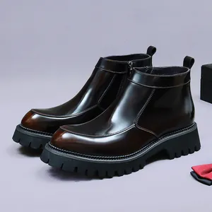 Polished burgundy genuine leather Chelsea boots with thick lug sole and side zipper