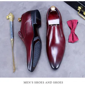 Burgundy genuine leather dress shoes with gold lion shoehorn and silk bowtie