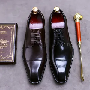 Men's genuine leather cap toe oxford shoes in black and dark brown with luxury accessories