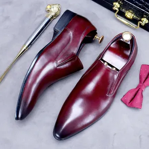 Burgundy genuine leather pointed-toe dress shoes with gradient finish and formal accessories