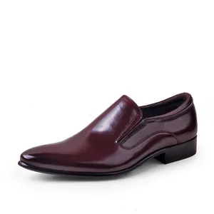 Polished burgundy genuine leather slip-on dress shoes with pointed toe and mirror finish