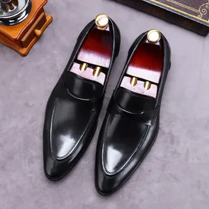 Men's British Retro Business Formal Leather Loafers Genuine Cowhide Leather Shoes For Wedding Party Slip On Dress Shoes