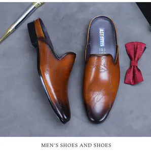 Macro detail of brown leather mules with artistic script pattern and business accessories