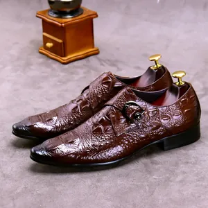 Brown crocodile embossed leather monk strap shoes with gradient finish for business