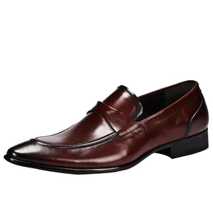 Classic dark brown pointed-toe leather loafers for men featuring a sleek polished finish