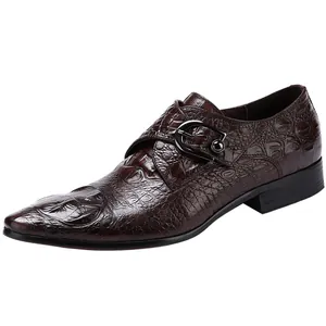 Men's dark brown monk strap shoes with crocodile pattern embossed genuine leather