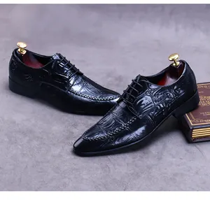 Close-up of black embossed crocodile pattern leather business shoes with premium shoe trees
