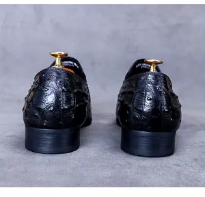 Macro rear view of black leather men's dress shoes featuring embossed crocodile pattern