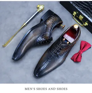 Detailed shot of brown leather oxfords featuring alligator and woven texture stitching