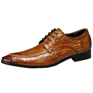Brown alligator embossed leather derby shoes for men with lace-up business formal design