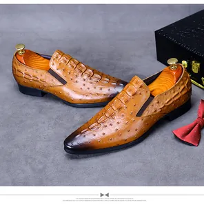 Detailed top view of brown leather loafers with crocodile texture and fashion accessories