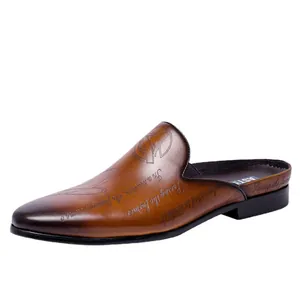 Men's brown leather business mules with vintage gradient finish and laser engraved details