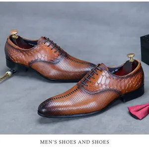 Detailed macro view of brown leather oxford shoe with snake skin texture and woven patterns