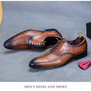 Macro detail of brown leather oxford shoe with textured weave and crocodile embossing