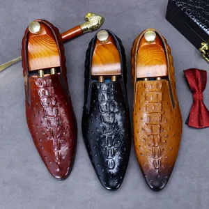 Men's leather loafers with crocodile and ostrich textures in red-brown, black, and yellow