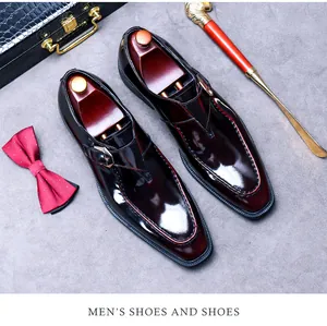 Burgundy patent leather monk strap shoes with buckle and professional shoe tree accessories