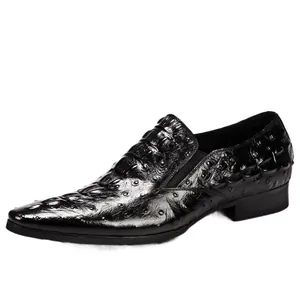 Men's black pointed toe business loafers with crocodile embossed leather and slip-on design
