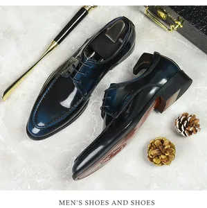 Top view of patent leather derby shoes with blue gradient and premium wooden shoe trees