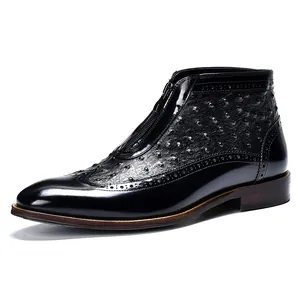 Men's black patent leather pointed boots with ostrich texture and front zipper