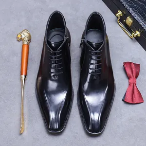 Bottines premium en cuir noir pour homme avec lacets et fermeture éclair latérale chic