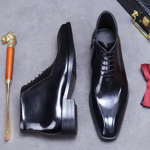 Bottines habillées en cuir noir brillant pour hommes avec fermeture éclair latérale