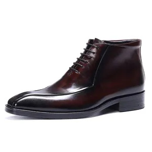 Bottines homme en cuir véritable bordeaux avec bout fendu et finition polie