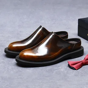 Men's Glossy Cowhide Leather Mules Business Casual Round Toe Backless Slippers Comfortable Retro Dress Loafers Slides Shoes