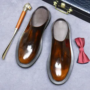 Men's brown gradient leather mules with polished finish and retro business casual style