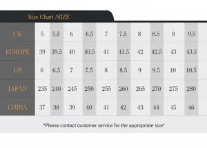 Detailed size conversion chart for men's leather shoes including UK, EU, US, and JP sizes