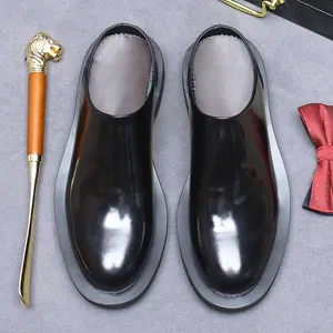 Classic black patent leather mule shoes for men with round toe and glossy finish