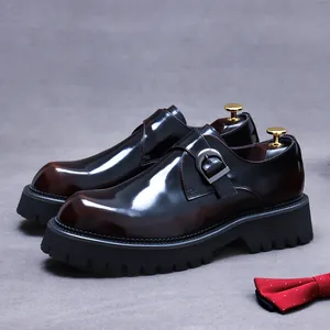 Men Business Formal Genuine Leather Monk Strap Shoes Polished Patent Finish Platform British Gentleman Dress Shoes For Wedding Office